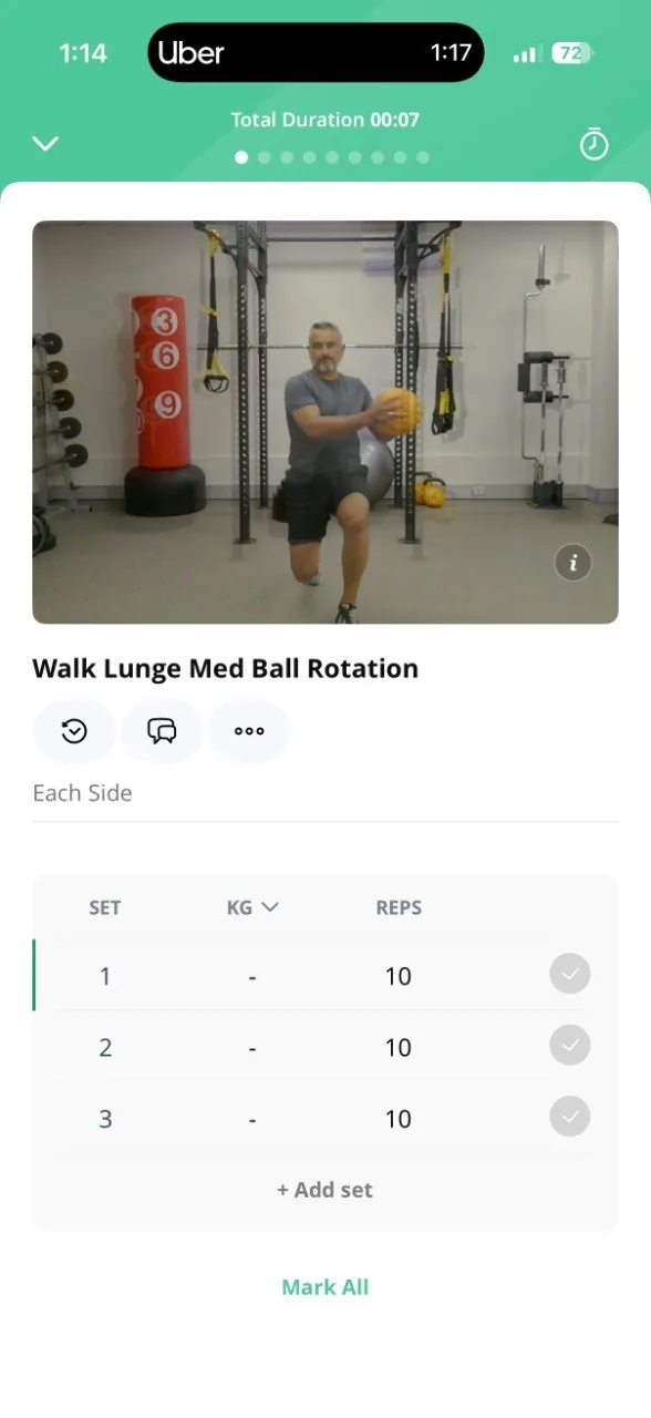 EverFit app exercise demo with sets and reps for a golf med-ball drill