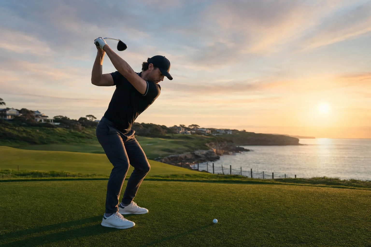 A golfer generating maximum clubhead speed at the top of a powerful downswing on a Sydney course