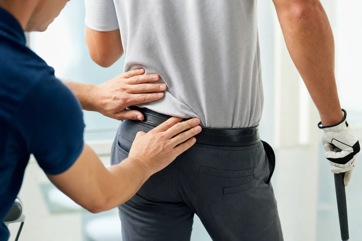Sports physiotherapist assessing a golfer's lower back, hands on the lumbar spine