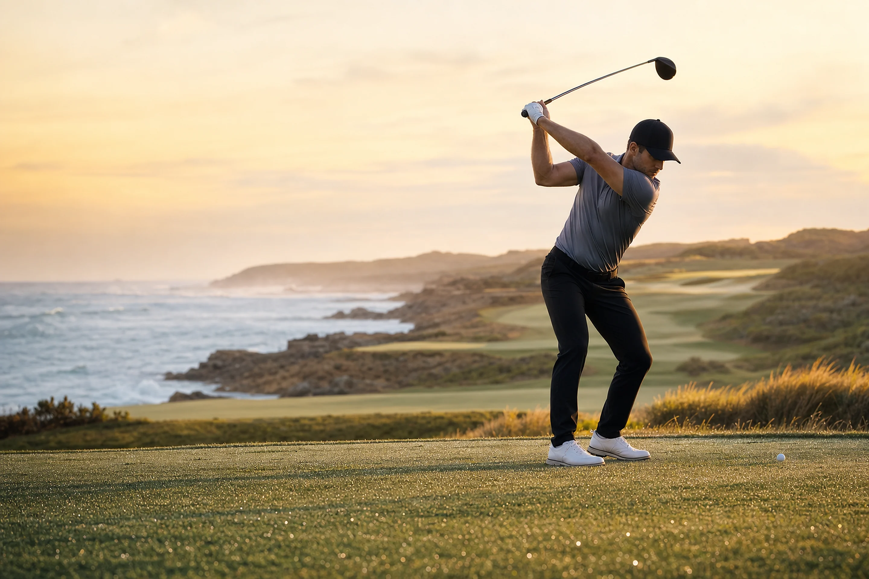 Golfer mid-swing at dawn on a coastal Sydney golf course