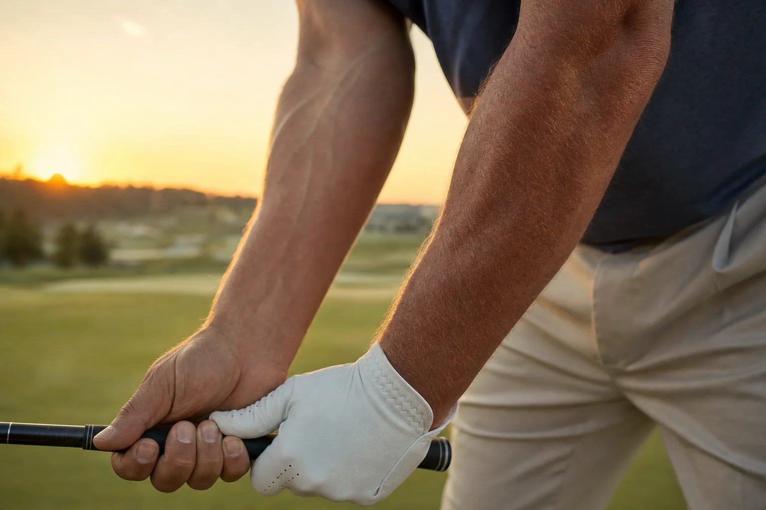 Close-up of a golfer's elbow and forearm during a session