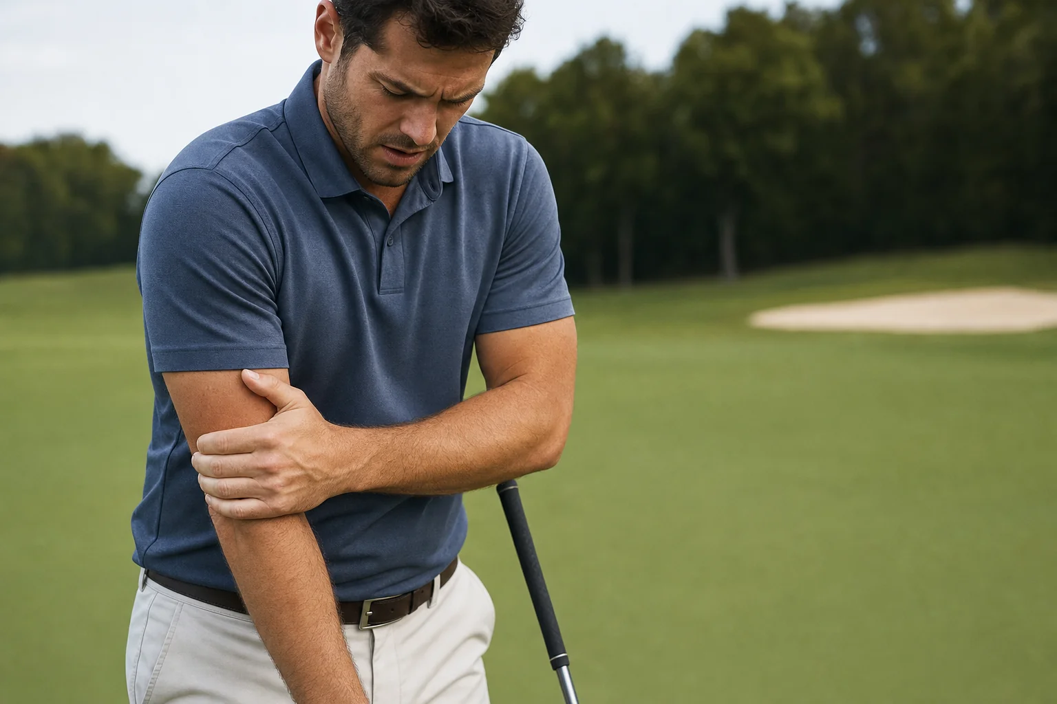 A golfer on the course holding his inner elbow and forearm in discomfort from golfer's elbow